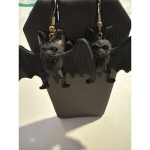 Vintage 1980's Rubber Black Bats Hook Dangle Earrings Halloween